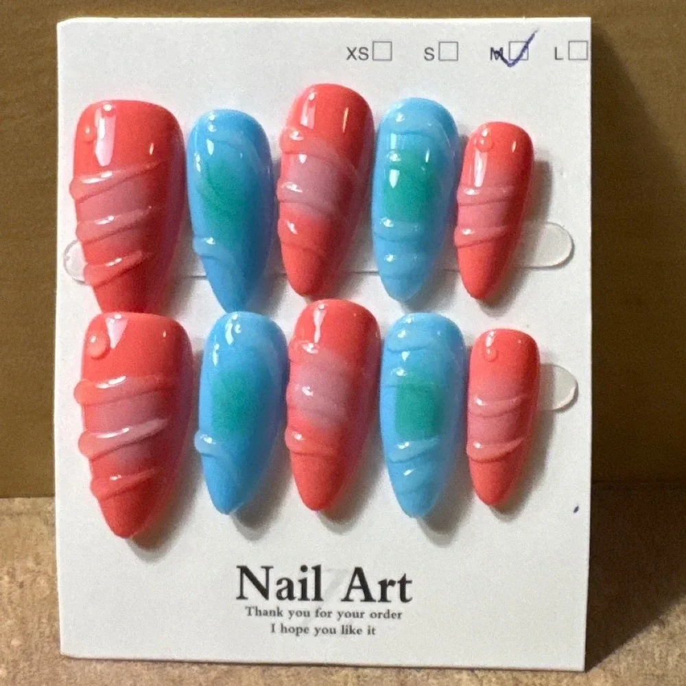 Pink And Blue Almond‎ Press On Nails